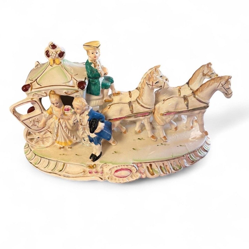 Vintage Wales Japan Porcelain 4 Horse Carriage Victorian Figurine
